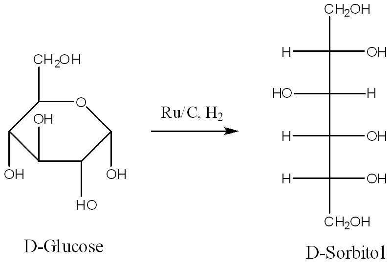 Catalytic hydrogenation of D-glucose to D-sorbitol.